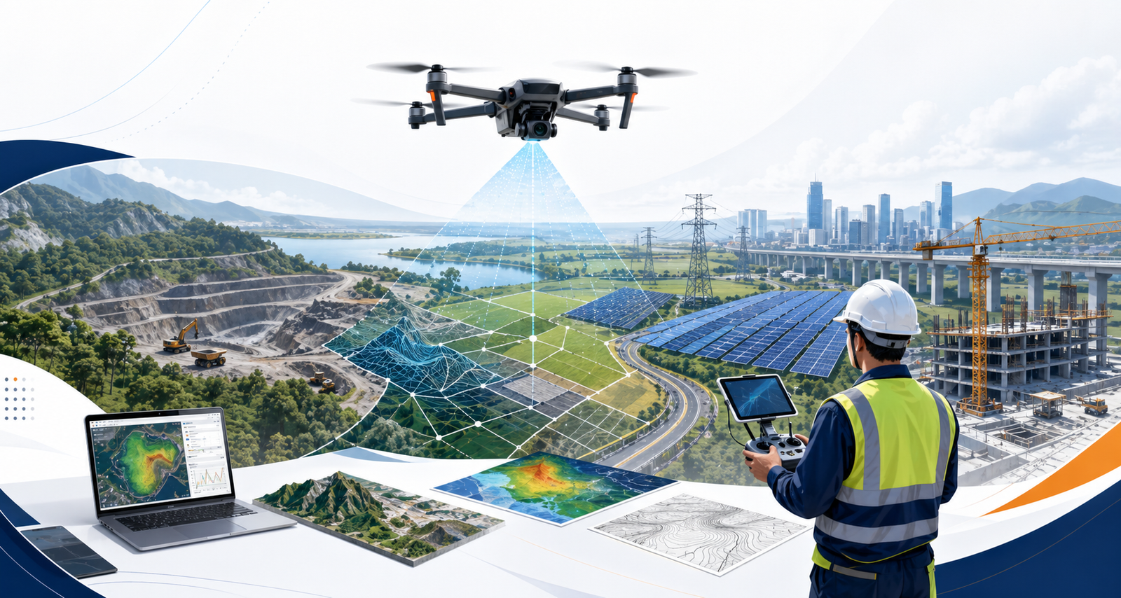 Custom Adelix illustration showing drone survey expertise across infrastructure, solar, and land mapping